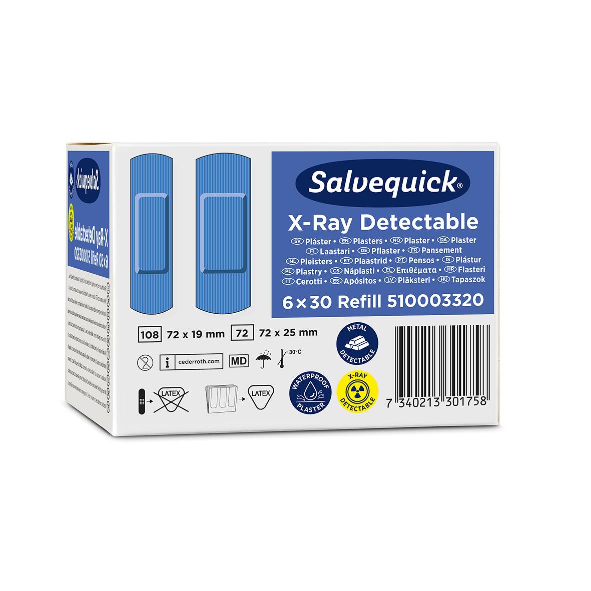 Förpackning med 30 plåster Salvequick X-Ray Detectable Blå
