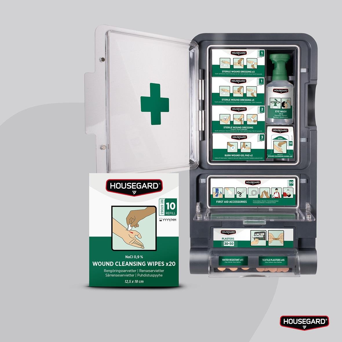 Förbandslåda med sårtvätt och första hjälpen-material