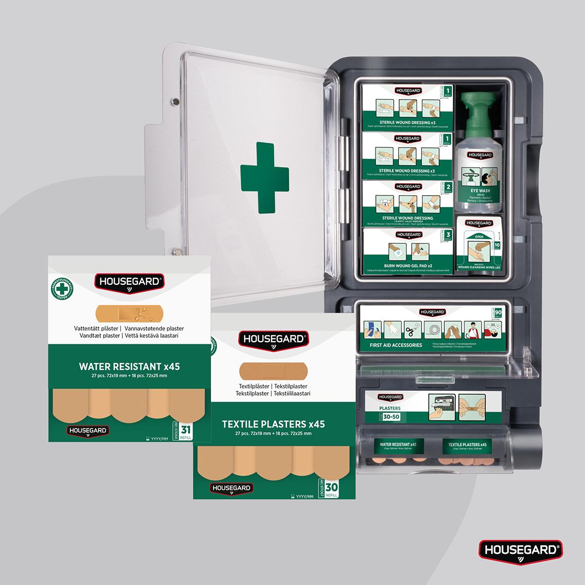 Vattentåliga plåster refill för Housegard första hjälpen box, inklusive vattenresistenta plåster och textilplåster