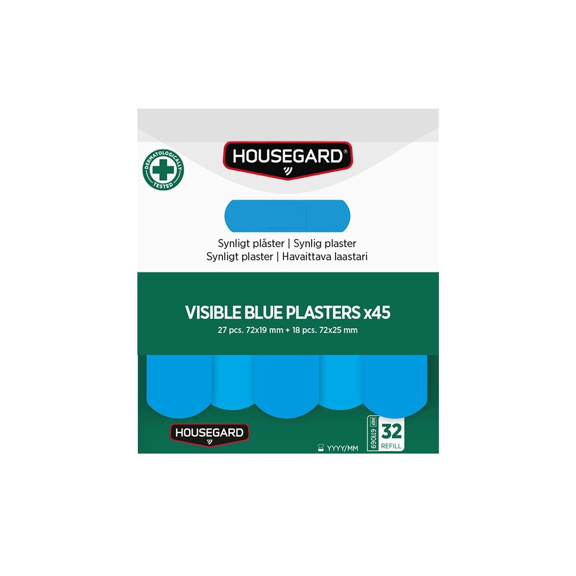 Blå plåster i refillpaket från Housegard med 45 synliga plåster