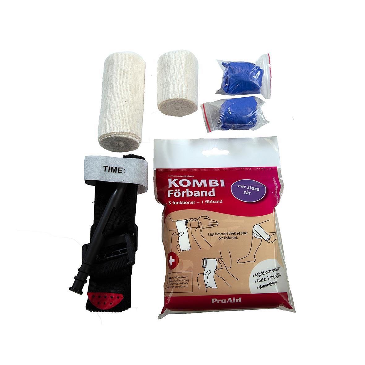 Förbandsmaterial inklusive bandage, kompresser, och en handledsbandage