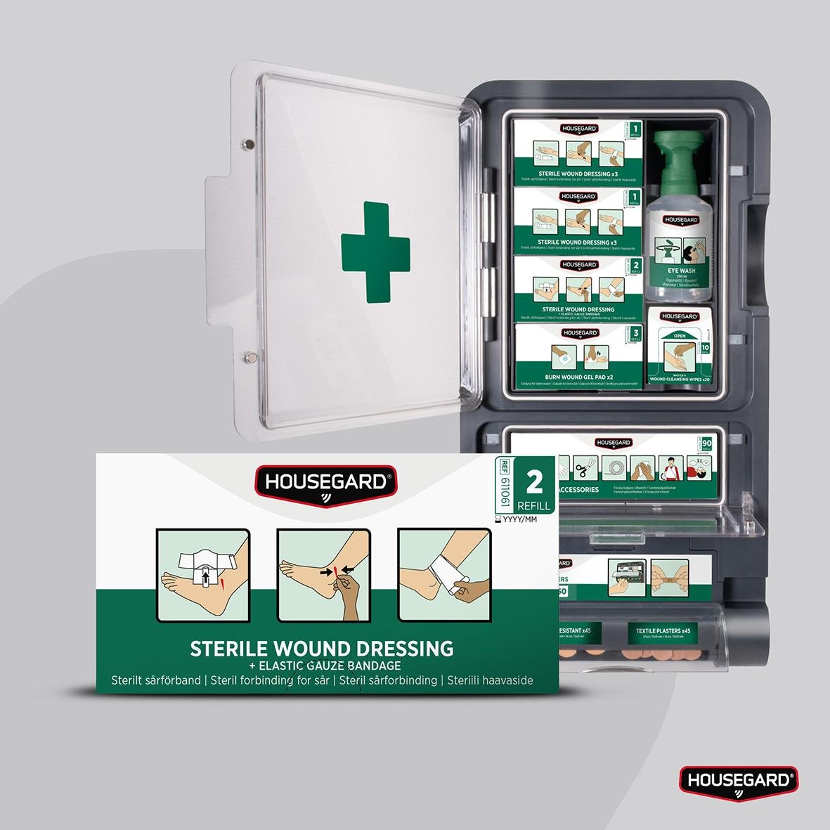 Housegard sterilt sårförband i förvaringsskåp med olika förbandsartiklar