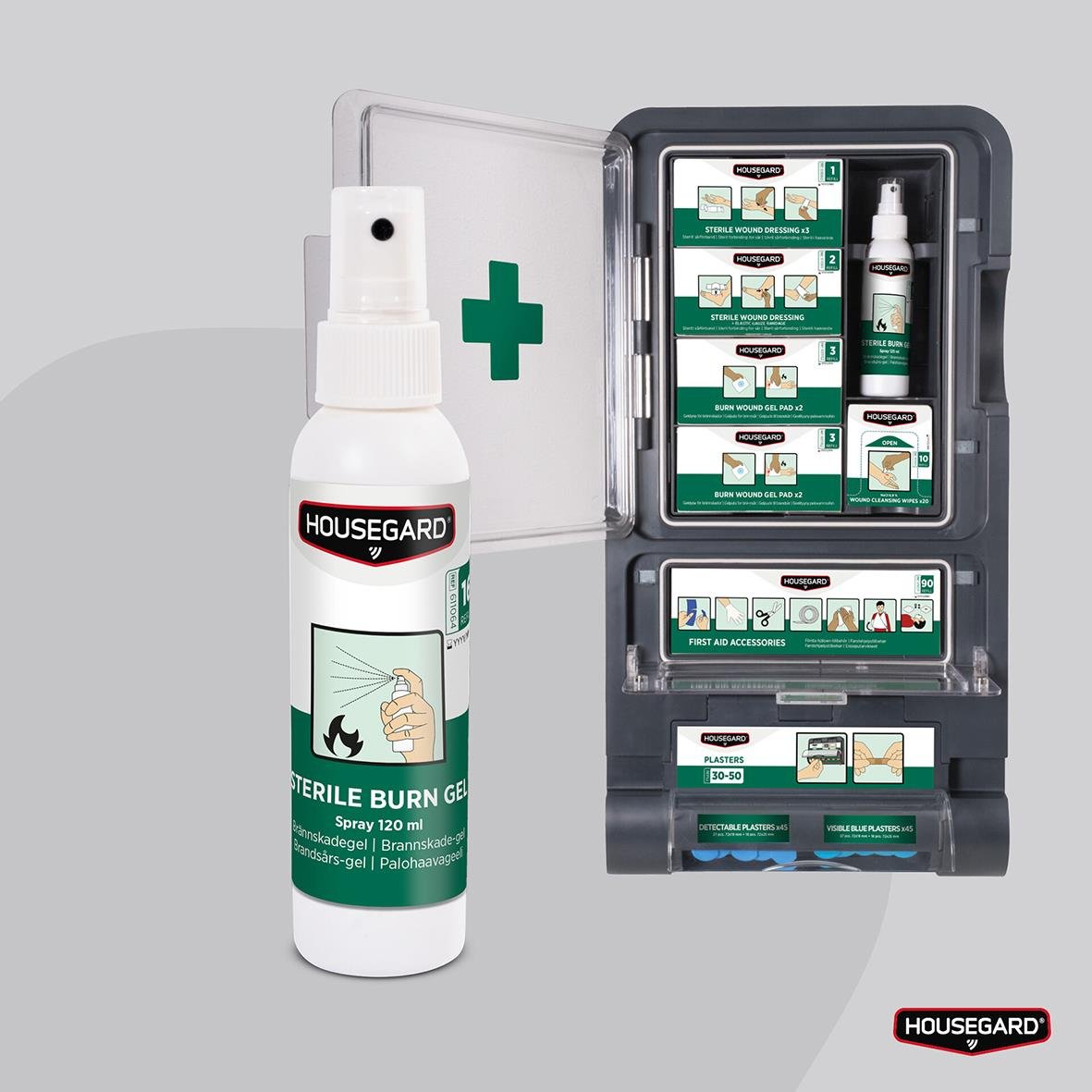 Brännskadegel Housegard Spray 120ml i förvaringsbox med instruktioner