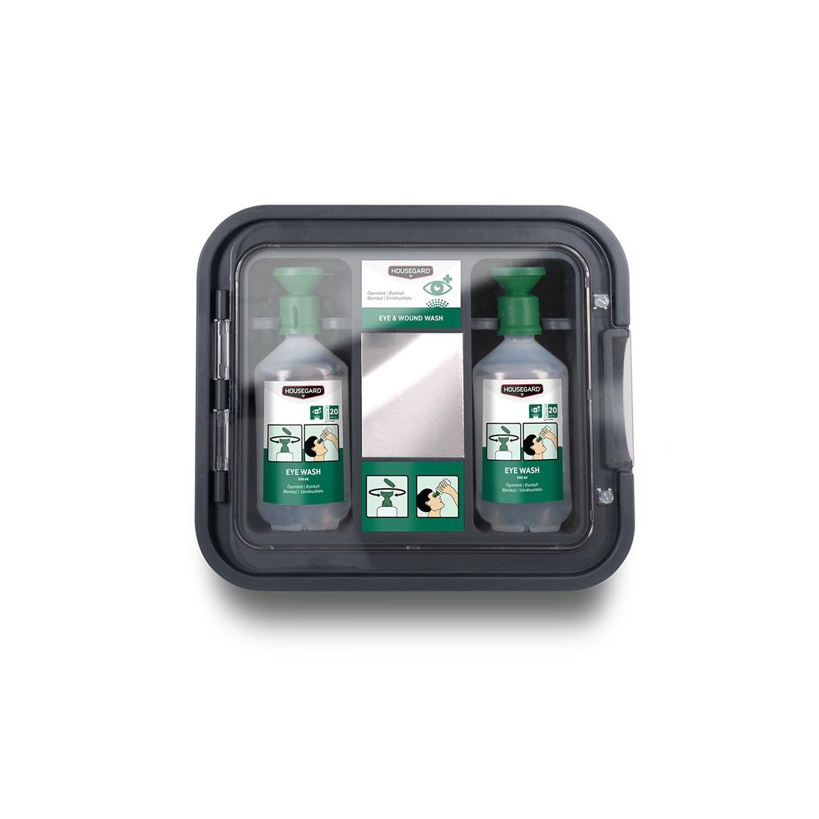 Ögonduschskåp Housegard med 2 flaskor á 500ml och skylt