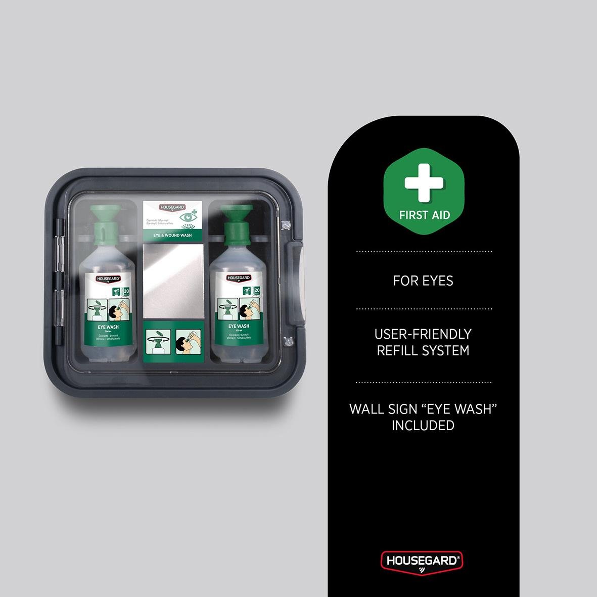 Ögonduschskåp Housegard med två flaskor á 500ml, skylt och spegel