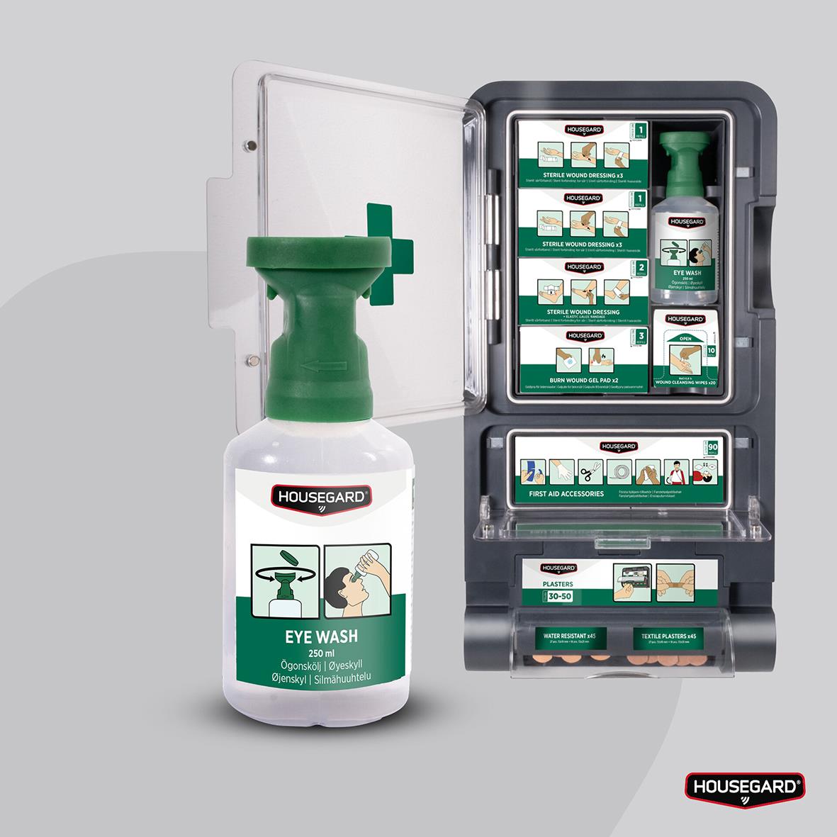 Ögondusch Housegard 250ml och förvaringsskåp för ögonskölj