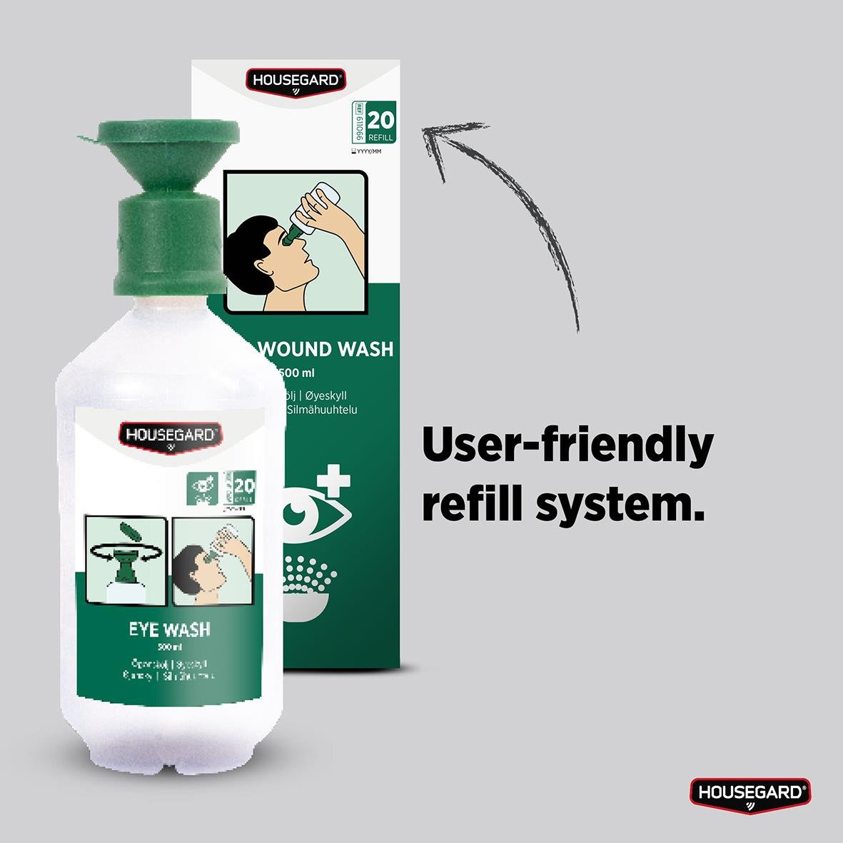 Ögondusch Housegard 500ml med användarvänligt påfyllningssystem och bild av person som sköljer ögonen