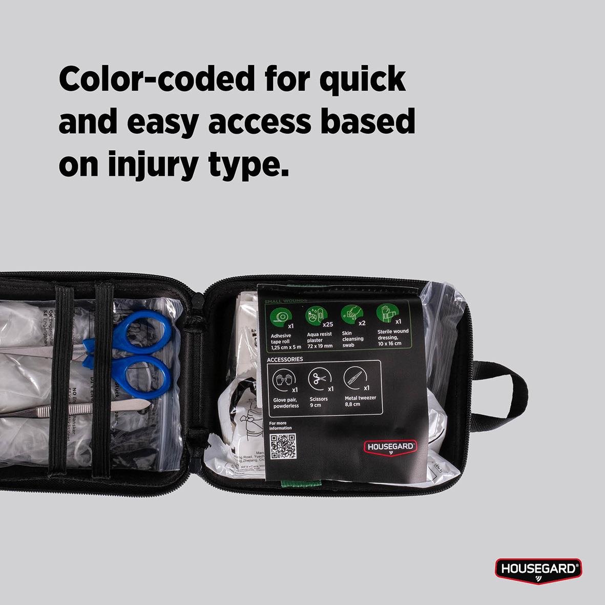 Första hjälpen-kit Housegard Compact med färgkodade sektioner för snabb åtkomst baserat på skadans typ