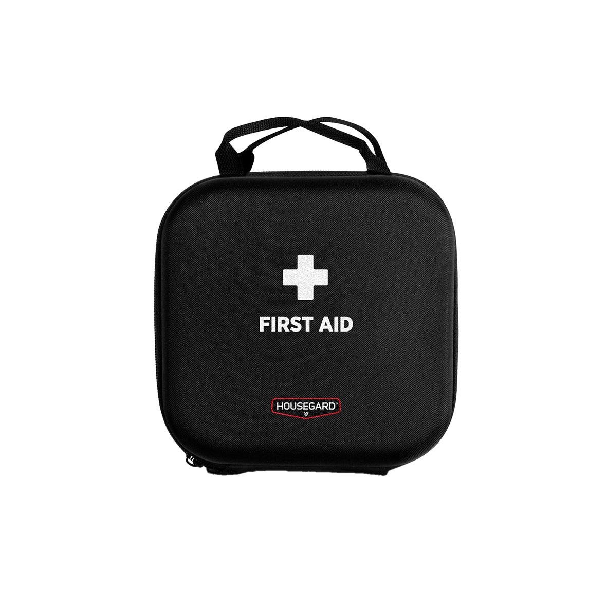 Svart första hjälpen väska med Housegard och vit korssymbol