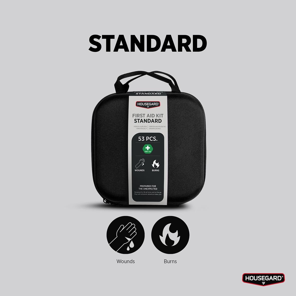 Första hjälpen-kit Housegard Standard i svart väska med 53 delar för sår och brännskador