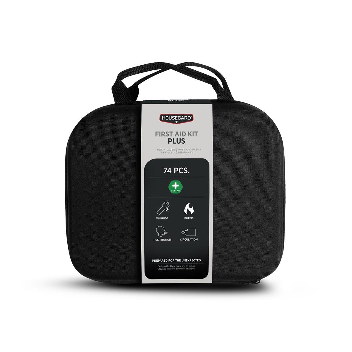 Svart första hjälpen-kit från Housegard Plus med 74 delar i bärbar väska