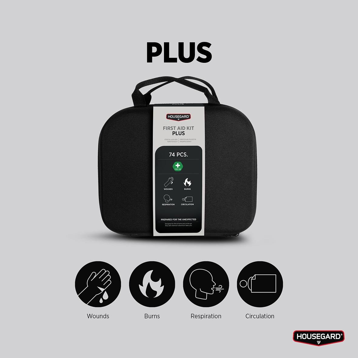 Första hjälpen kit Housegard Plus i svart väska med handtag och etikett