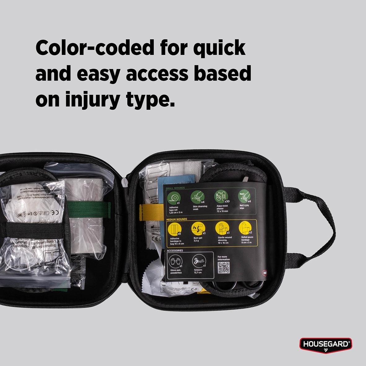 Första hjälpen-kit Housegard Plus med färgkodning för snabb åtkomst baserat på skadetyp