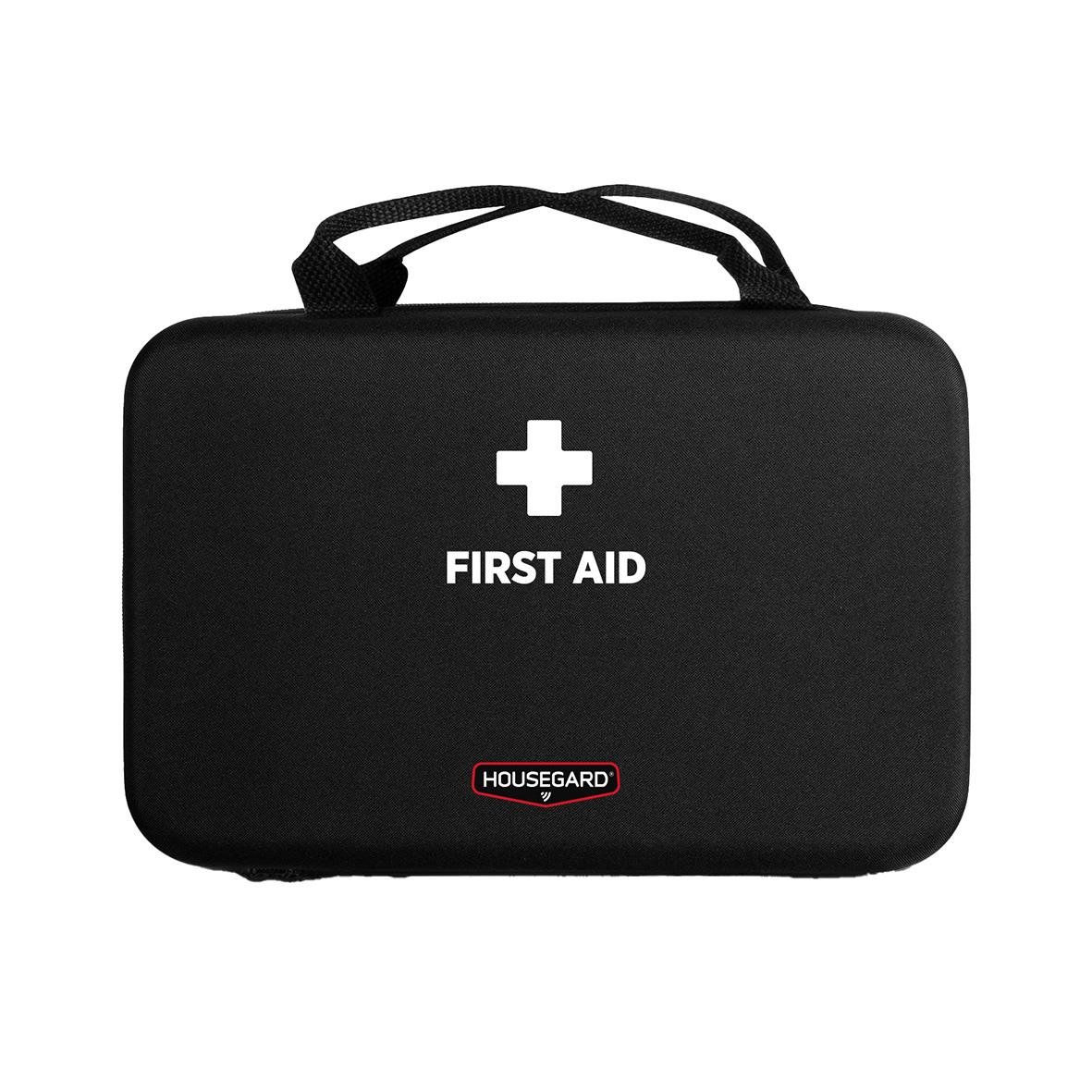 Svart första hjälpen väska med vit korssymbol och text samt Housegard Premium-logga