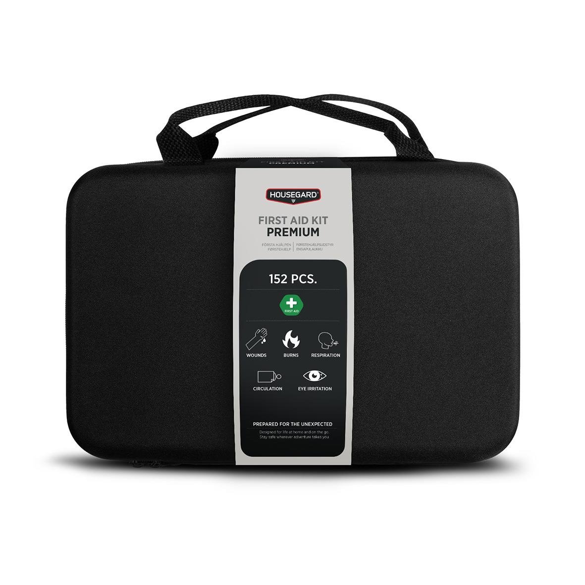 Svart första hjälpen-kit i väska med etikett som visar 152 delar och Housegard Premium