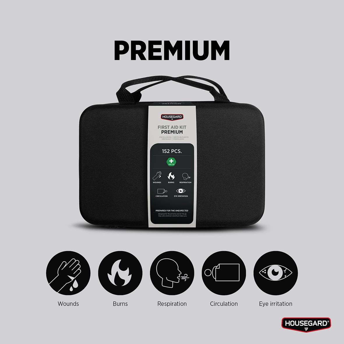 Första hjälpen-kit Housegard Premium med 152 delar, för sår, brännskador, andning, cirkulation och ögonirritation