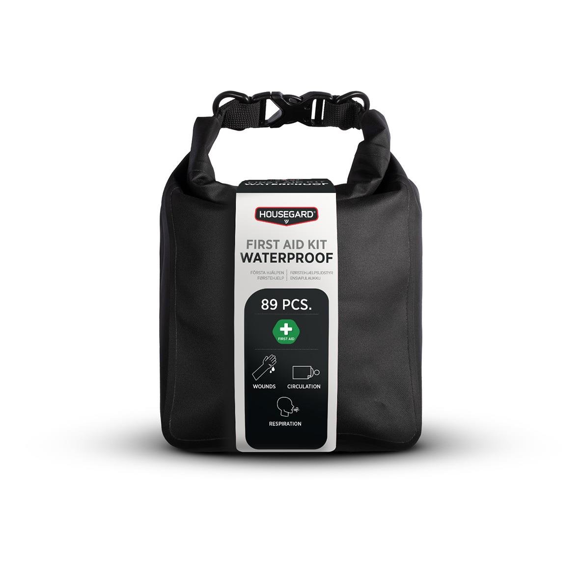 Vattentätt första hjälpen-kit från Housegard med 89 delar i svart väska