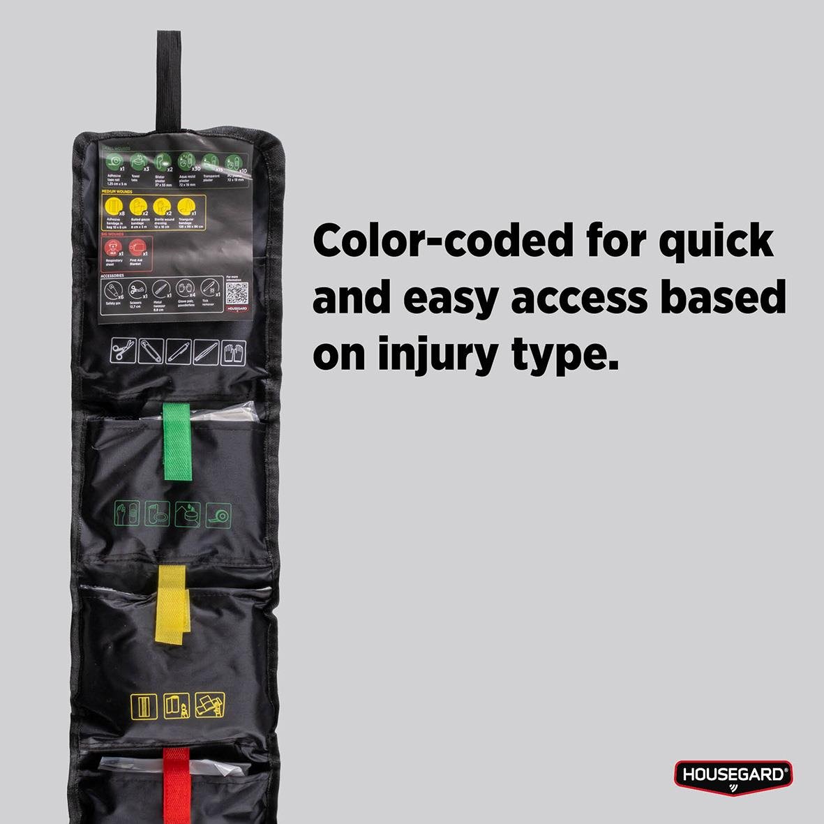 Vattentätt första hjälpen-kit från Housegard med färgkodning för snabb åtkomst baserat på skadans typ