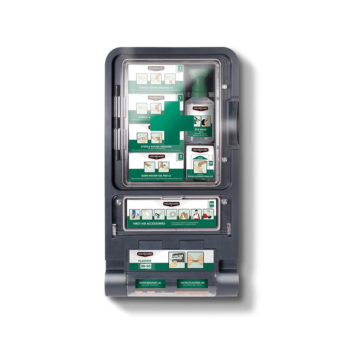 Automat för första hjälpen och medicinska förnödenheter med grönt kors och instruktioner
