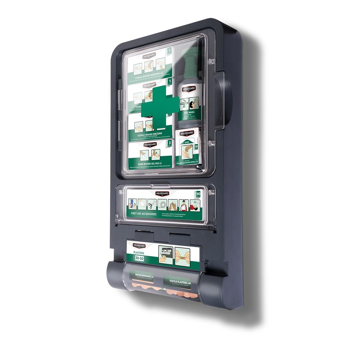 Första hjälpen- och medicinlåda i väggfäste med olika medicinska förnödenheter