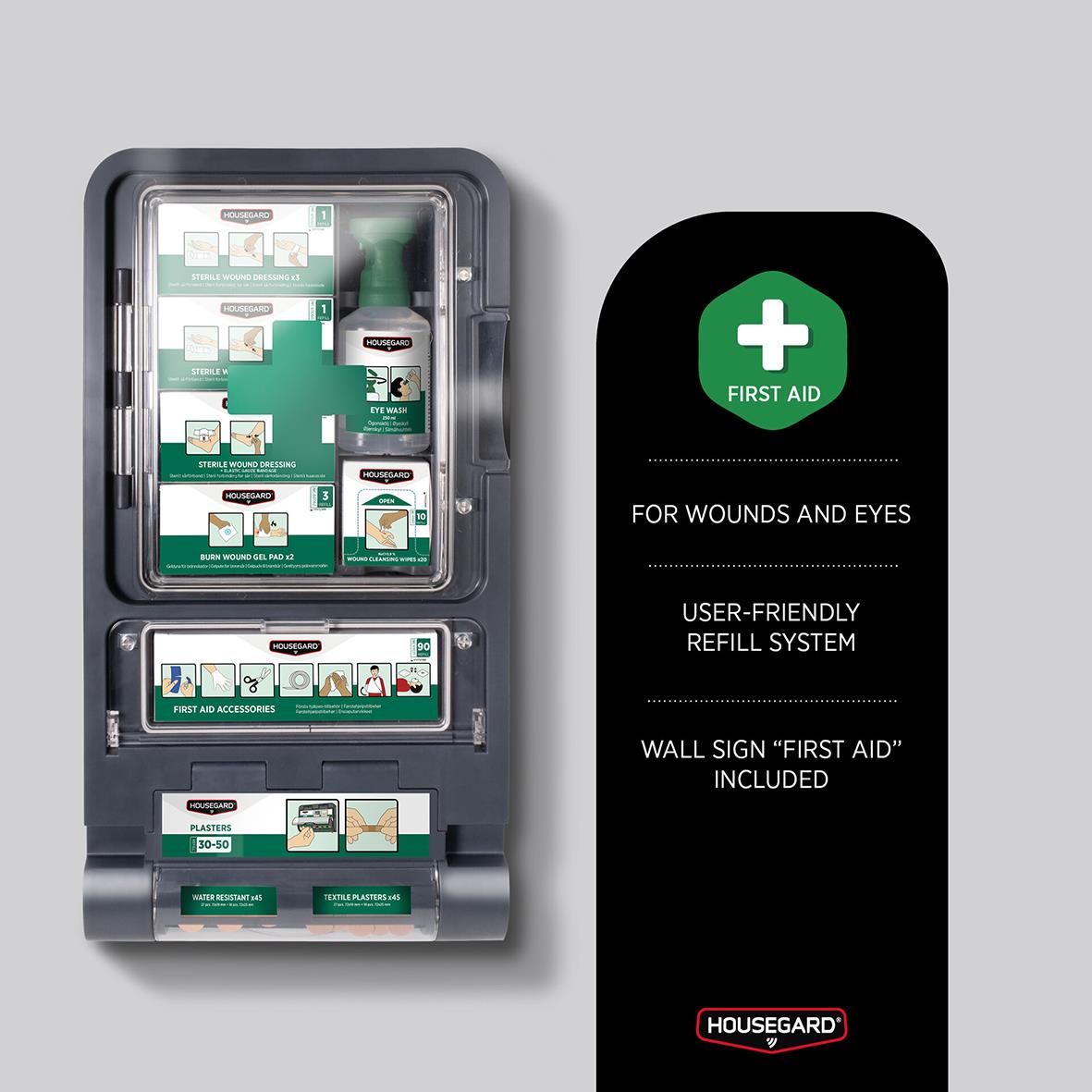 " hjälpen-skåp med förbandsmaterial och instruktioner för sår och ögon, väggskylt ingår, användarvänligt refill-system"