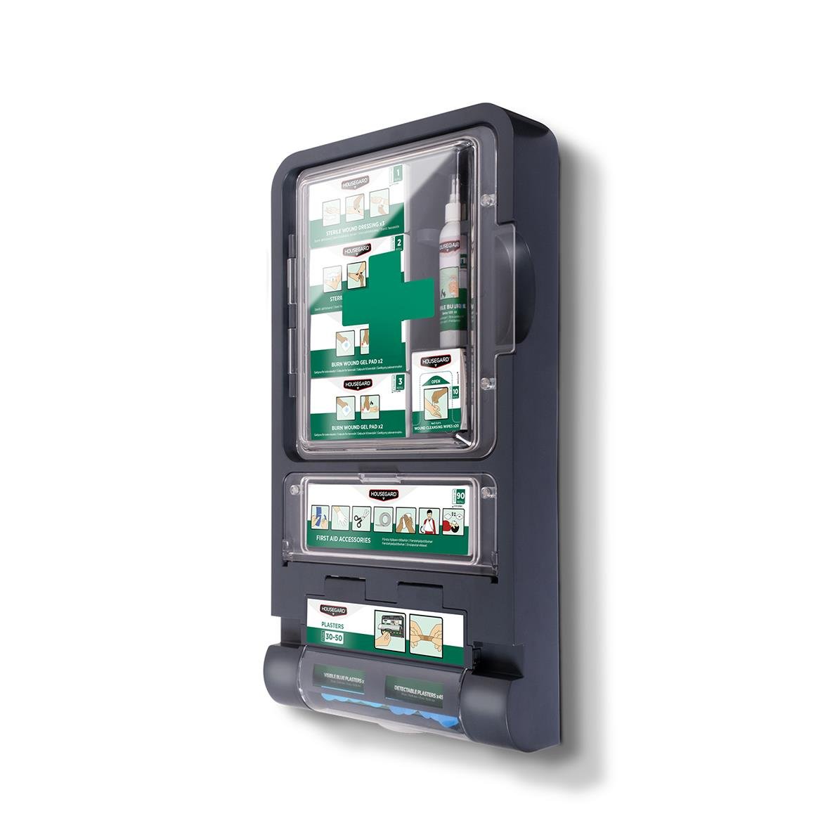 Första hjälpen station för brännskador med skylt och olika förbandsmaterial