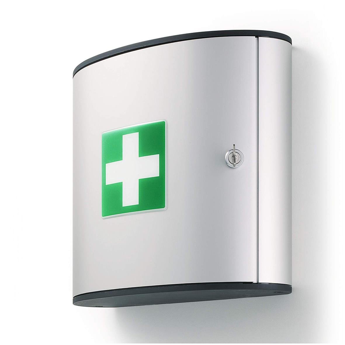 Silver skåp för första hjälpen med grönt kors, mått B302xH280xD118mm