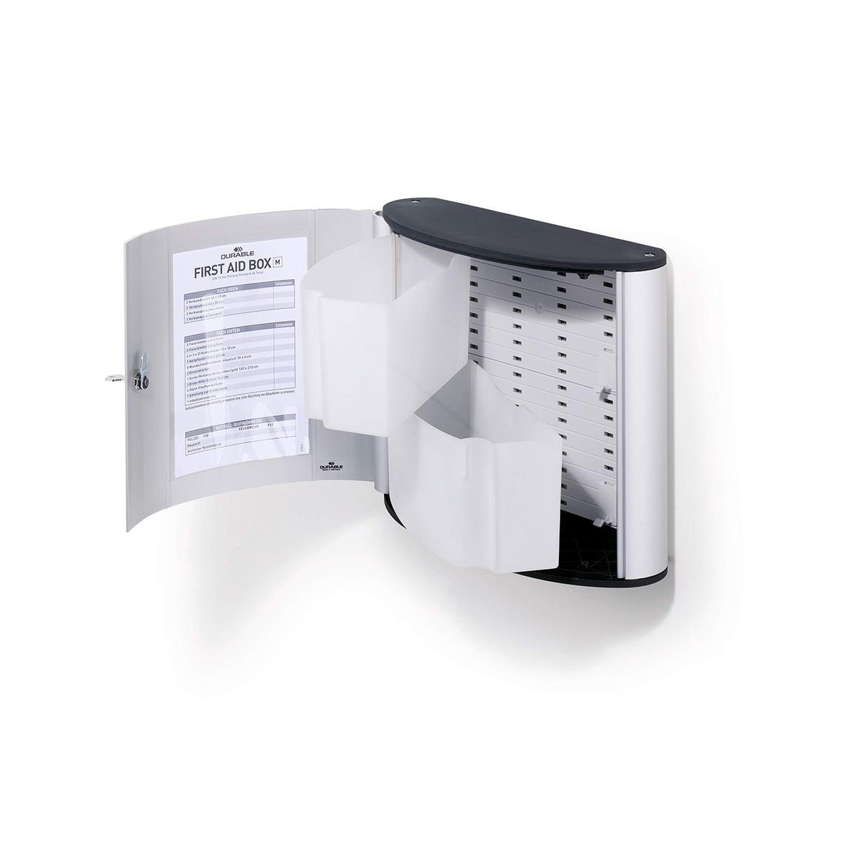 Svart och vitt skåp för första hjälpen med dörr som öppnas, inre fack och plats för dokument