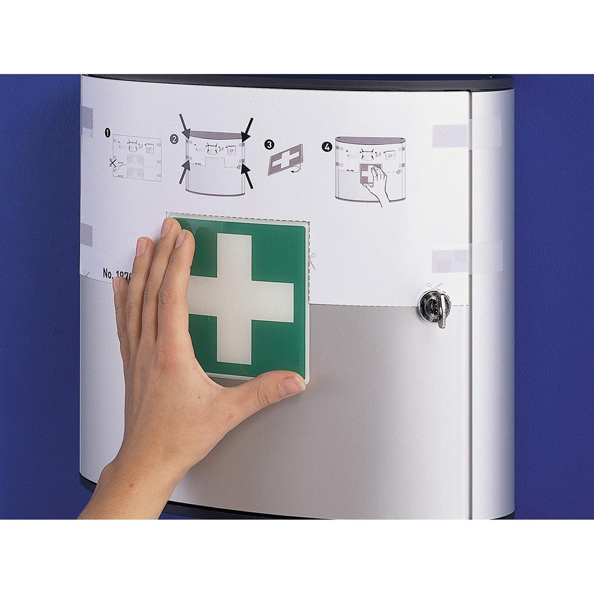 Väggskåp för första hjälpen i silver med grönt kors, mått 302x280x118mm, förvaringsskåp