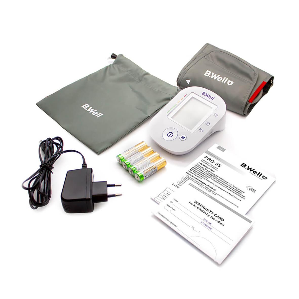 Blodtrycksmätare B Well Pro-35 med manchet, laddare, batterier och manual