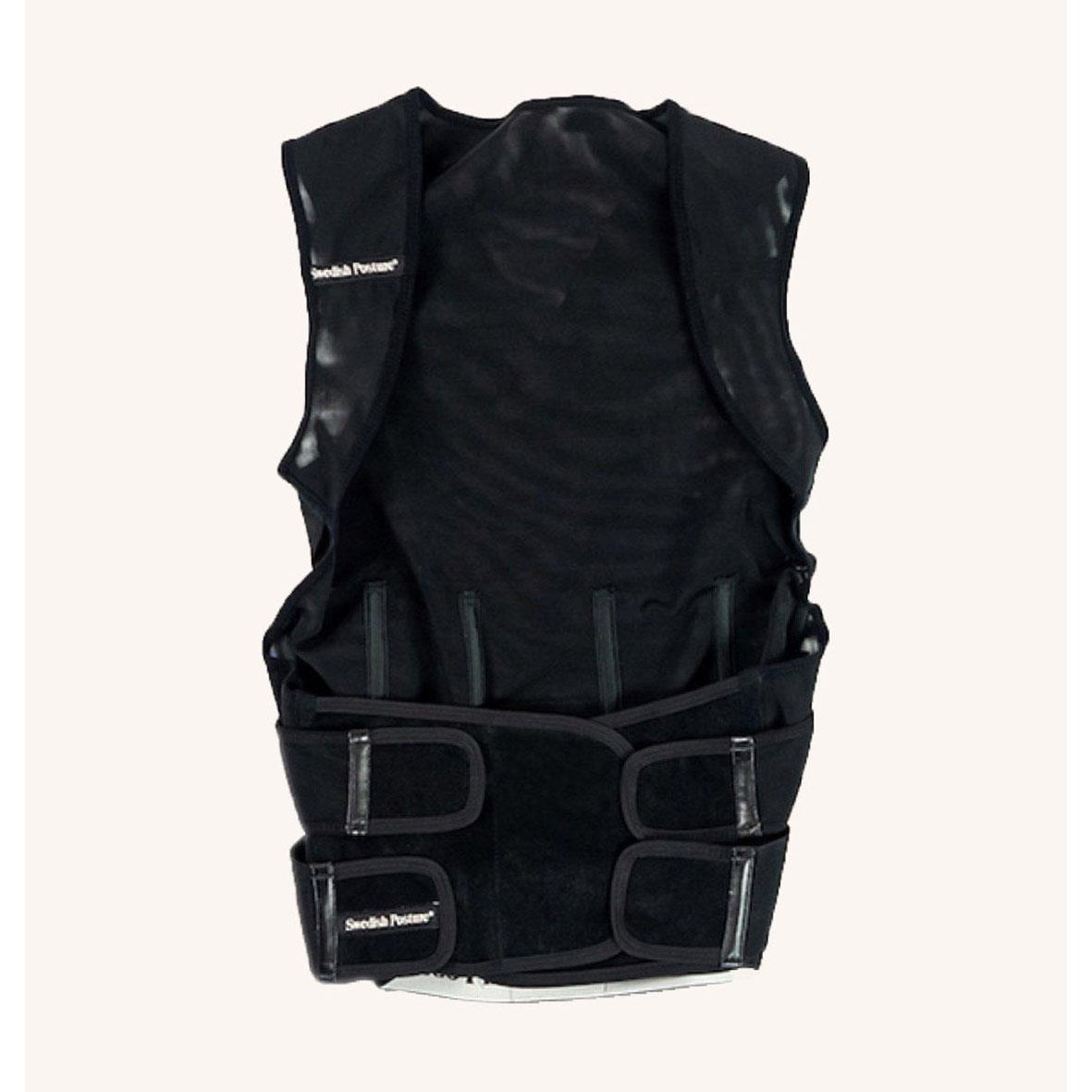 Hållningsväst i svart med justerbara remmar och stöd för rygg och axlar, storlek extra liten