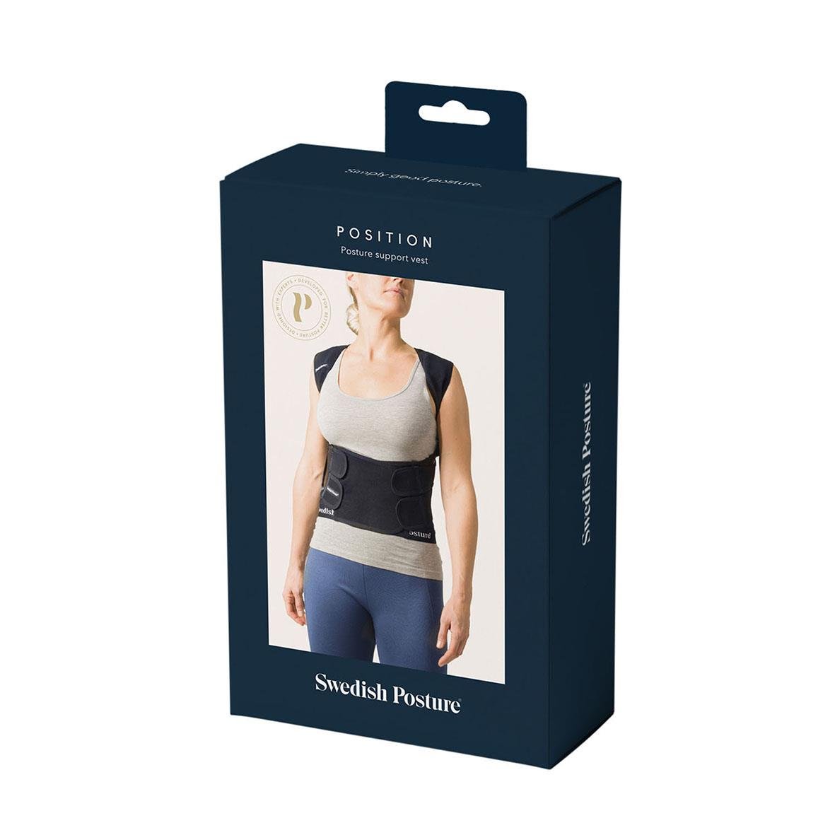 Hållningsväst Swedish Posture Extra Small i förpackning med bild av person som bär västen