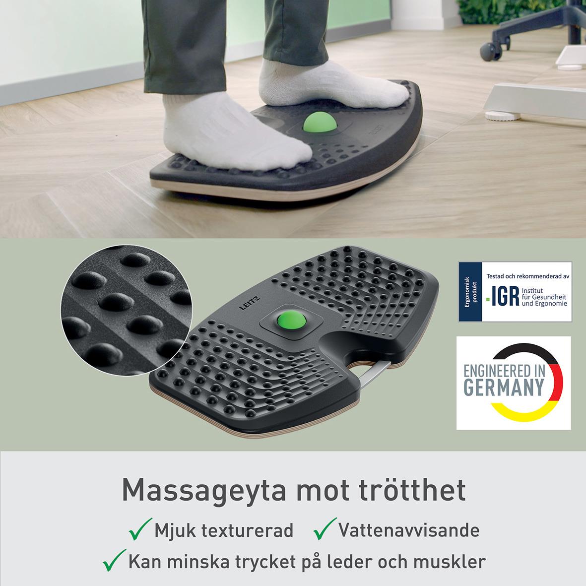 Person står på en vibrationsplatta för att motverka trötthet, med text om dess fördelar som mjuk textur och vattentålighet