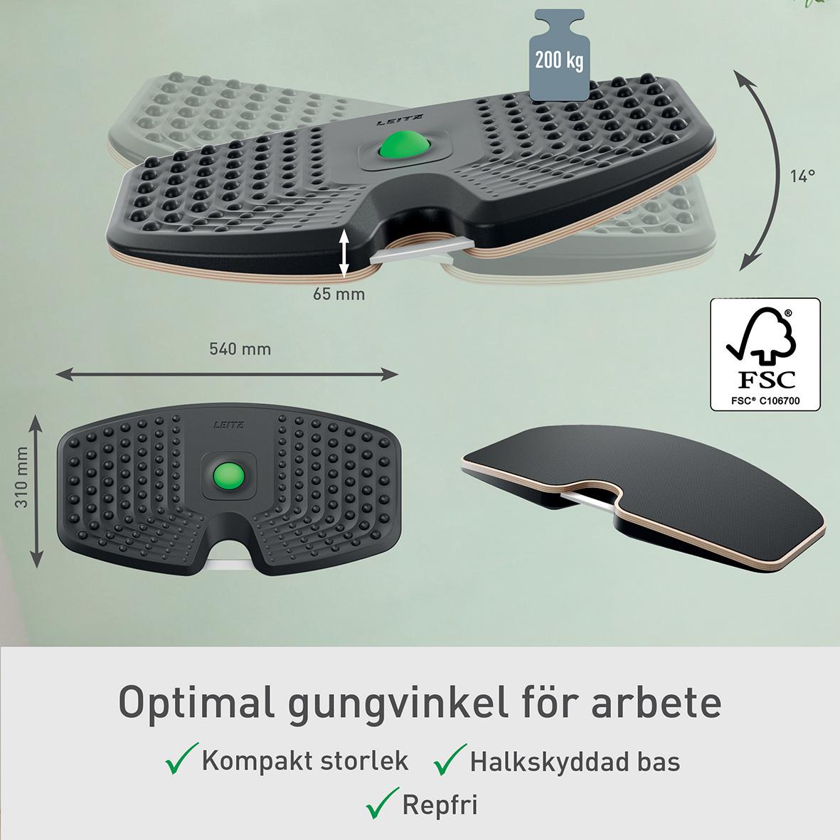 Ergonomisk balansplatta med halkskyddad bas, kompakt storlek, 200 kg maxvikt, 14° lutning, 65 mm höjd, 540x310 mm storlek, FSC-certifierad