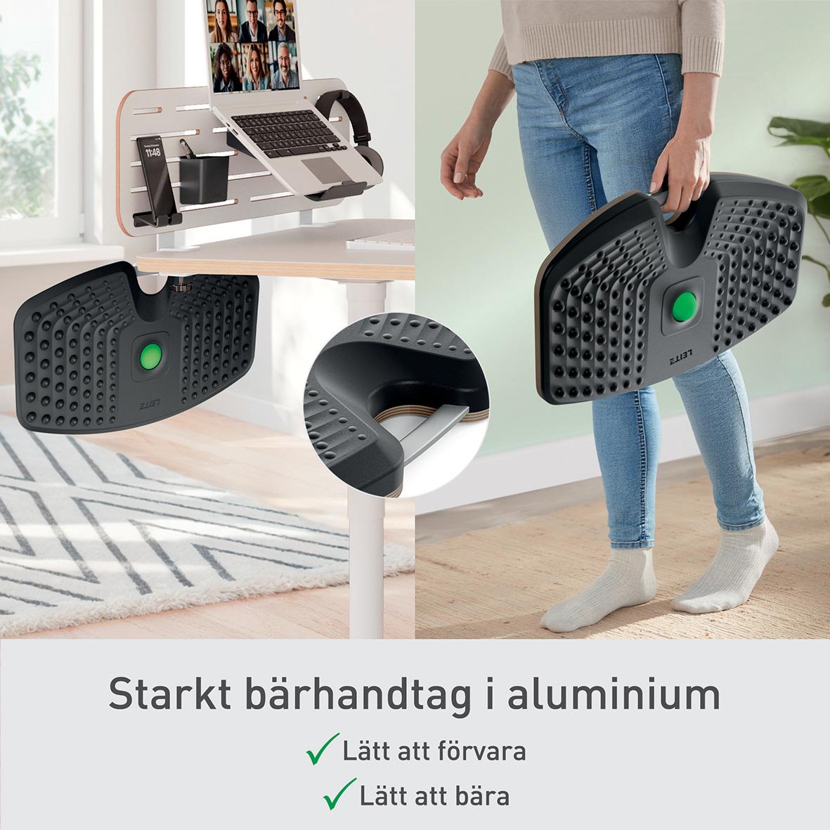 " aluminiumshandtag för bärbarhet, lätt att förvara och bära, visas i ett hem med ett skrivbord och en person som bär det."