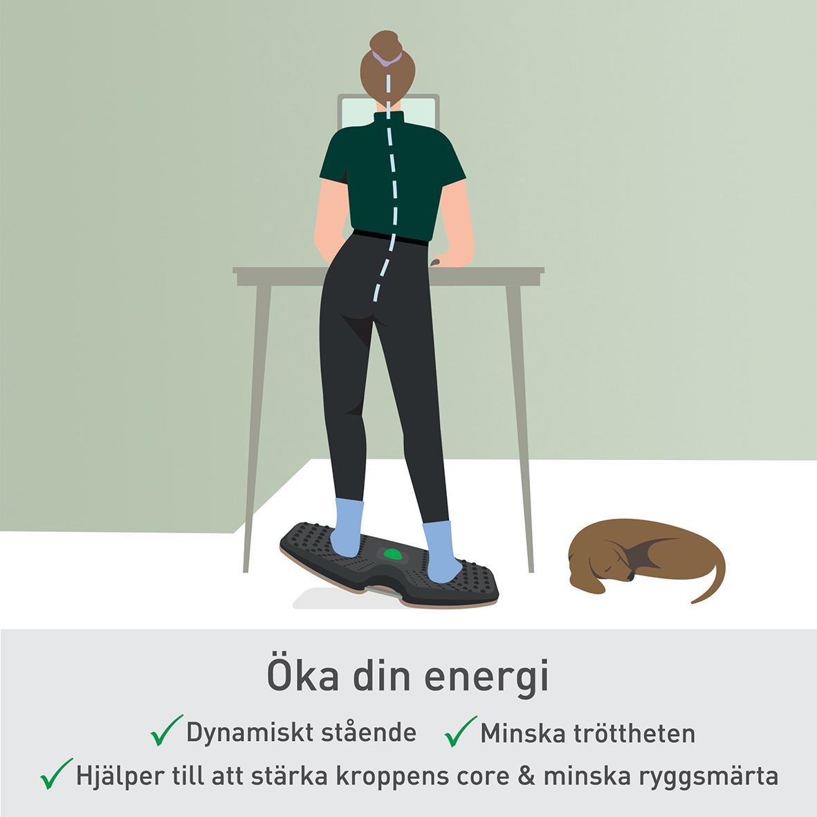 Person står på balansbräda för att öka energin, med hund vilande bredvid, i ett rum