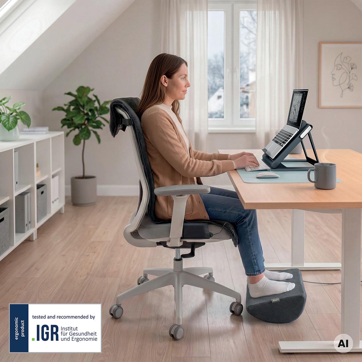 Kvinna arbetar vid skrivbord med uppvärmt ergonomiskt fotstöd Leitz iComfi under fötterna