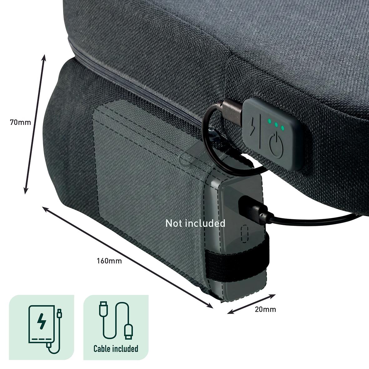 Närbild av uppvärmd Leitz iComfi-sittkudde med kontroll, kabel och mått 160 x 70 x 20 mm; powerbank ingår inte