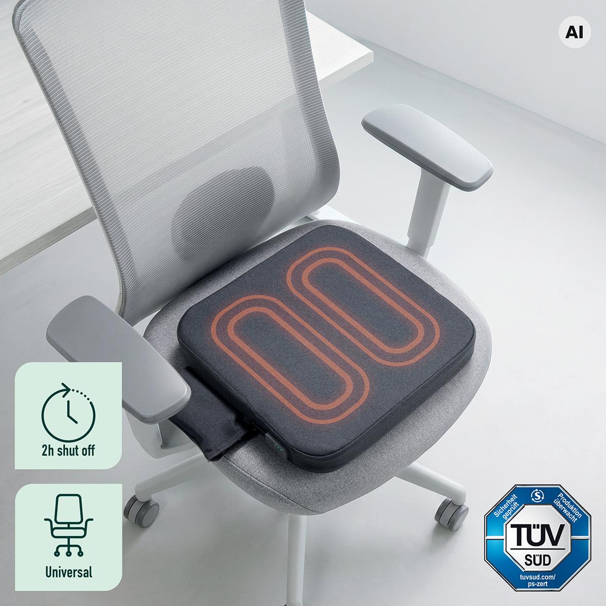 Uppvärmd Leitz iComfi-sittkudde på kontorsstol med automatisk avstängning efter två timmar
