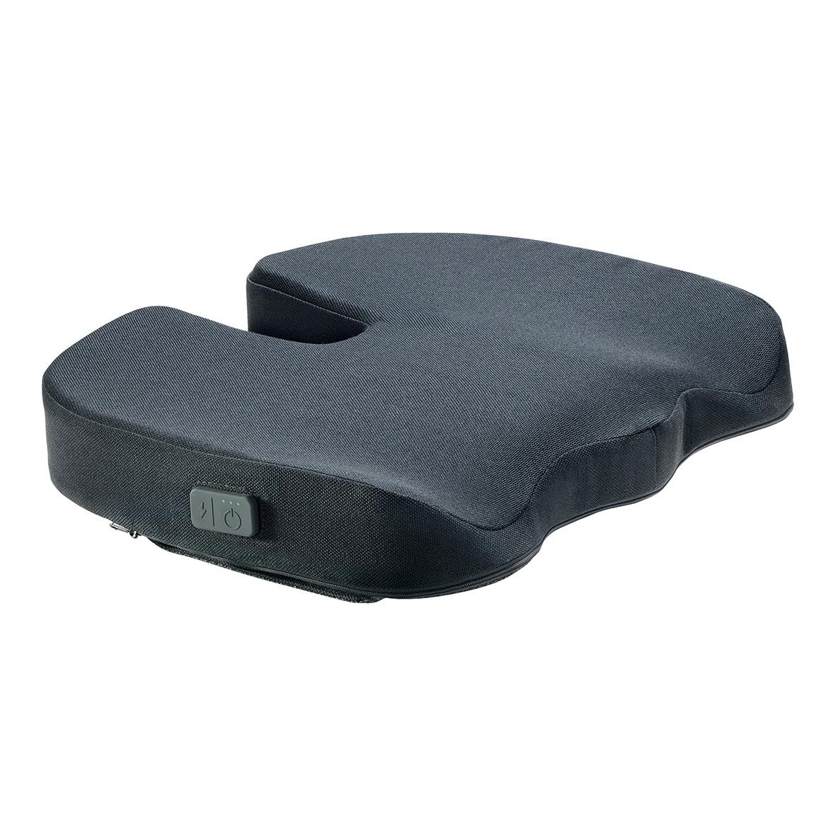 Svart uppvärmd ergonomisk sittkudde Leitz iComfi Ergo med U-formad design och kontrollknapp