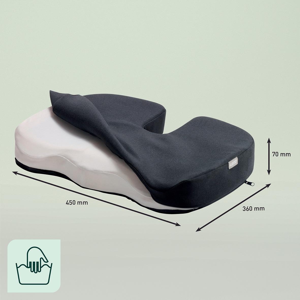 Leitz iComfi Ergo uppvärmd sittkudde i svart och vitt, med ergonomisk form och mått 450 x 360 x 70 mm