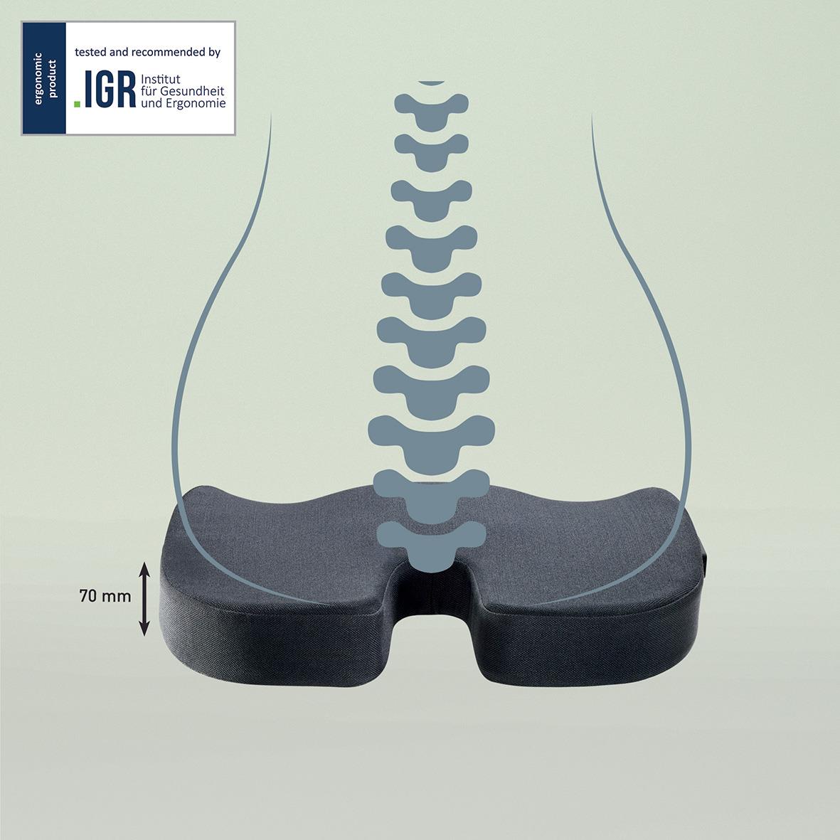 Leitz iComfi Ergo uppvärmd sittkudde med ergonomisk design, ryggstödssymbol och 70 mm höjd