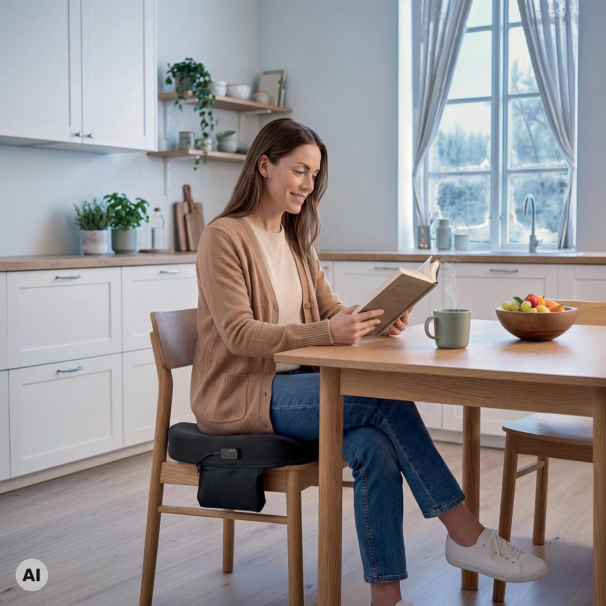 Kvinna sitter vid köksbord med en svart uppvärmd Leitz iComfi Ergo-sittkudde