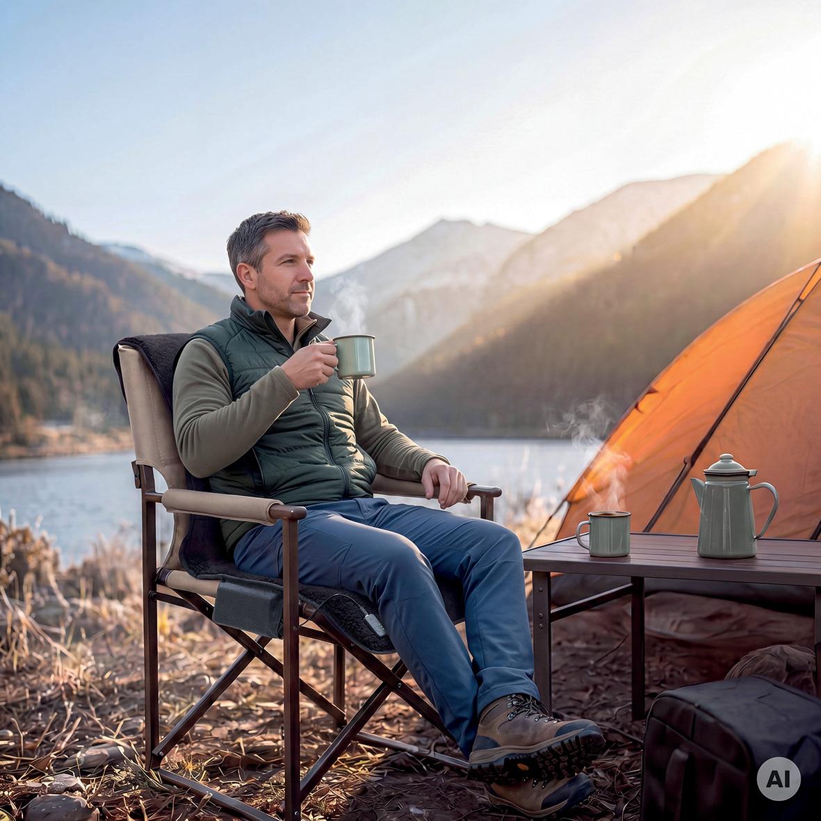 Man sitter i en campingstol vid en sjö med tält och berg i bakgrunden