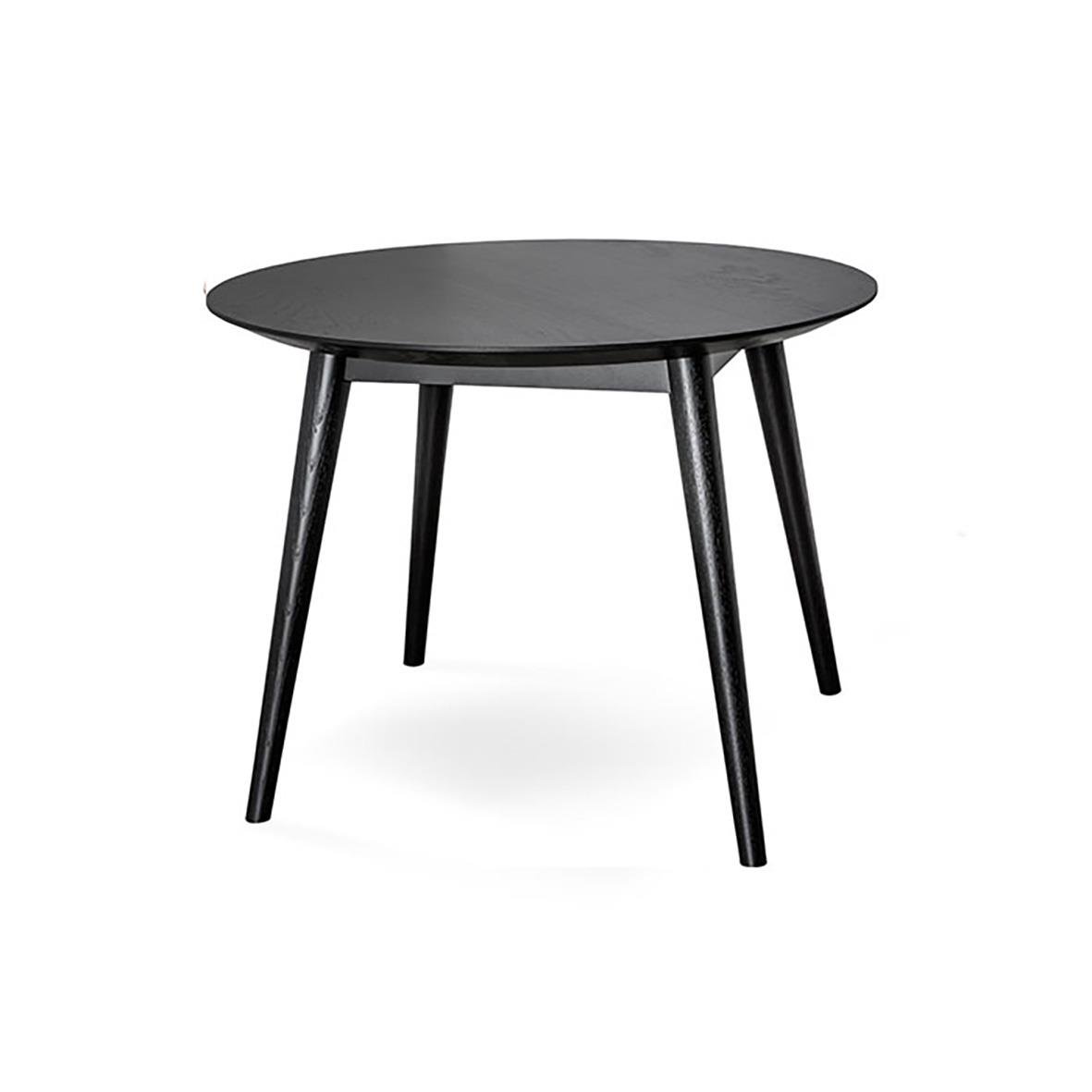 Svart runt bord med tre lutande ben på vit bakgrund