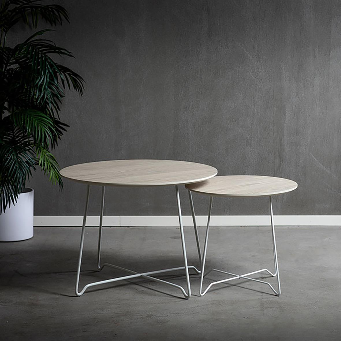 Två moderna runda soffbord med ljus träskiva och metallben, placerade mot en grå vägg med en växt i bakgrunden.