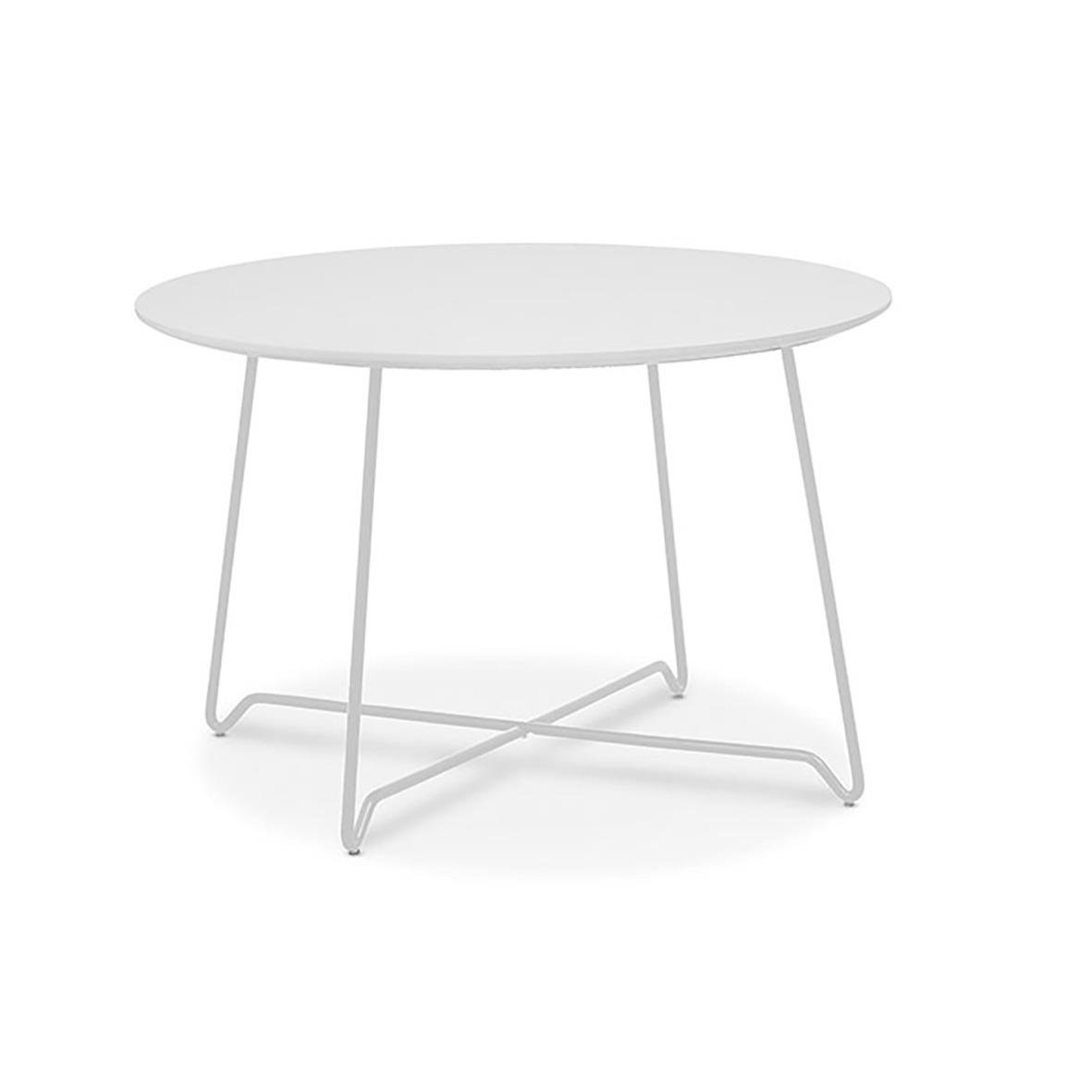 Vit runt bord med tunn metallram och tre ben