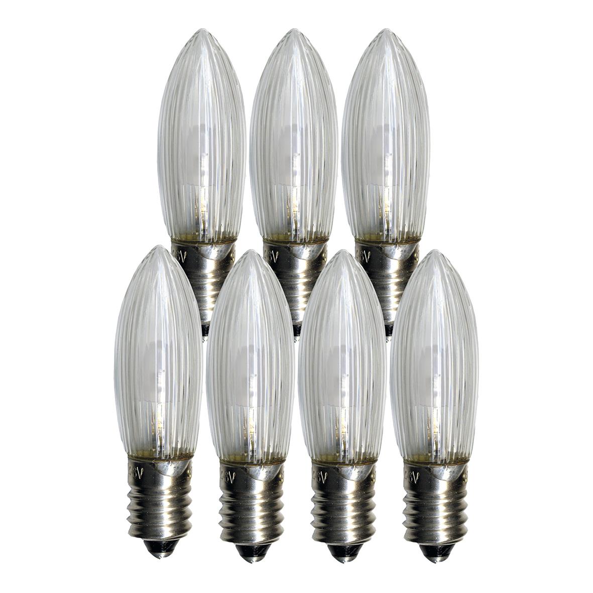 Sju LED-reservlampor i varmvit, 0,2W, i glas och metallbas