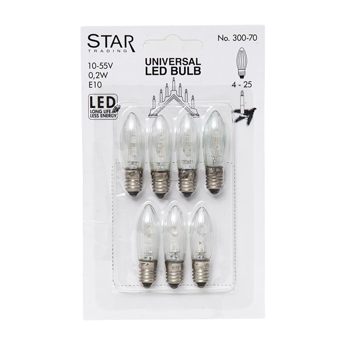 Förpackning med sex universal LED-lampor i varmvit färg, 0,2W, E10 sockel, för reservbelysning