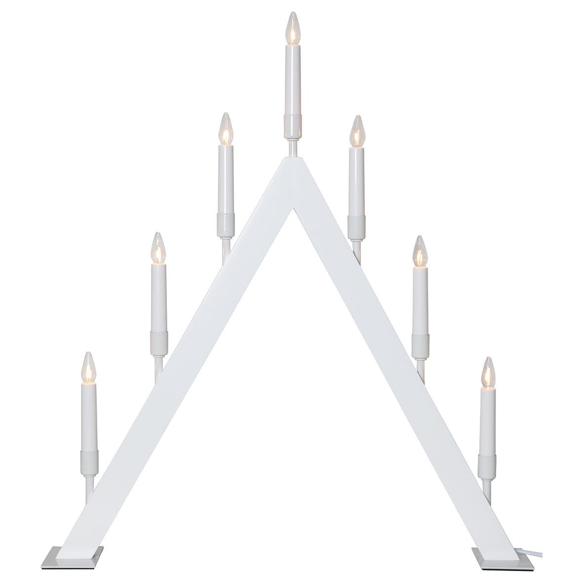Vit ljusstake i form av ett julgransliknande arrangemang med sju ljus, mått 55,5x63cm